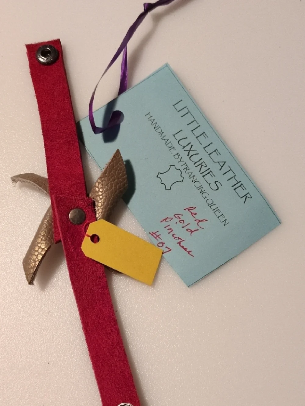 Handmade Red Genuine Leather Snap Bracelet with Gold Pinwheel Accent - Picture 6 of 6